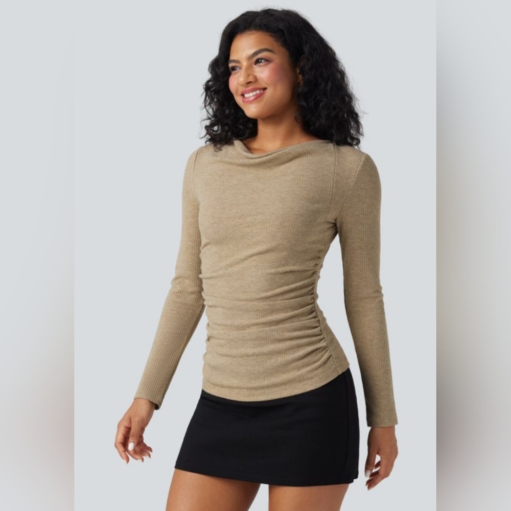 Ribbed Knit Neck Cowl Neck Long Sleeve Ruchec Top
